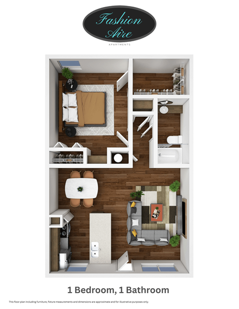 Floor plan for 1 bed, 1 bath, 700 sqft